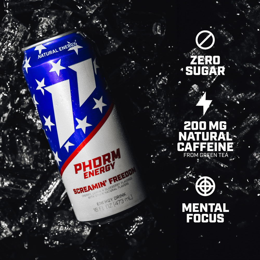 PHORM ENERGY Screamin’ Freedom can side view emphasizes caffeine for focus.