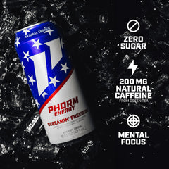 PHORM ENERGY Screamin’ Freedom can side view emphasizes caffeine for focus.