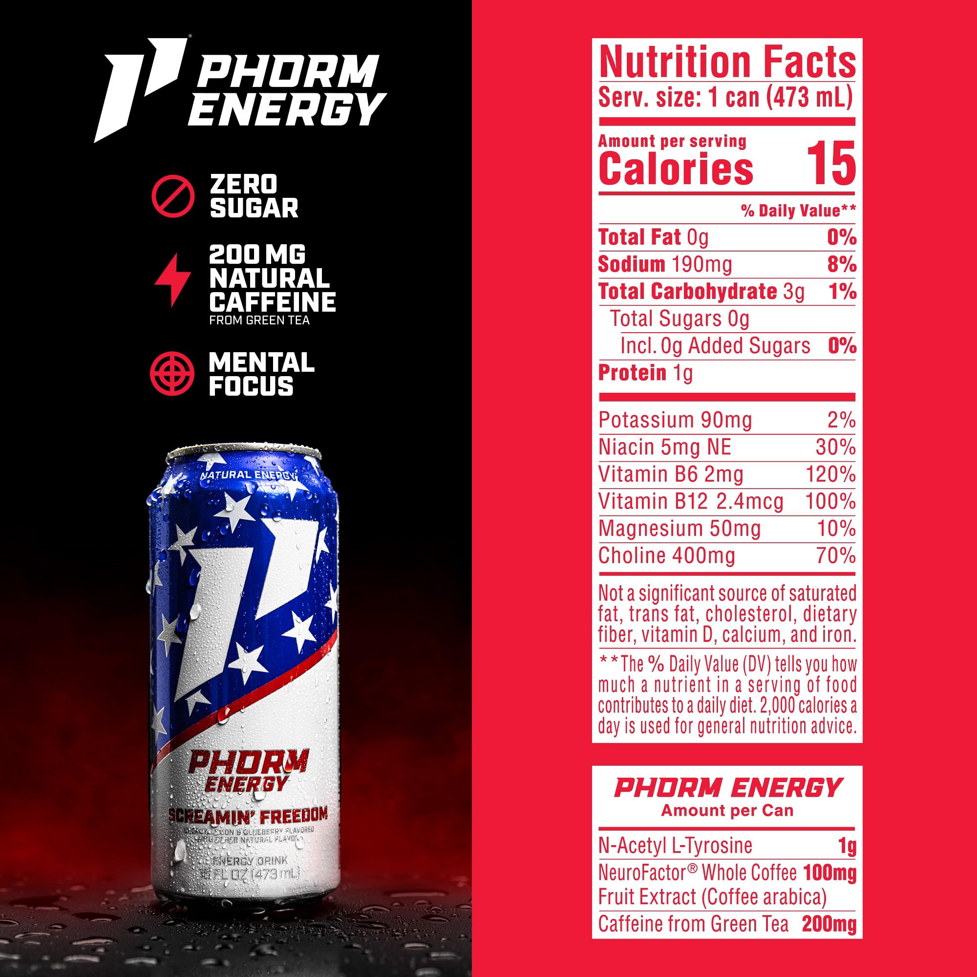 PHORM ENERGY Screamin’ Freedom label close-up highlights natural caffeine source.