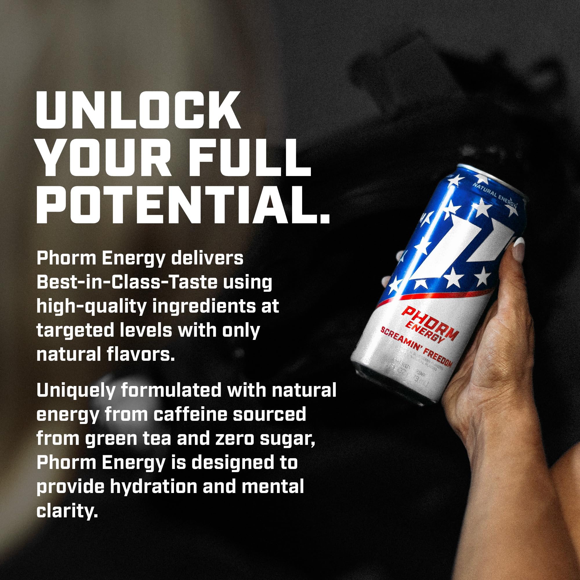 PHORM ENERGY Screamin’ Freedom nutrition facts show electrolytes and B vitamins.