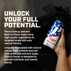 PHORM ENERGY Screamin’ Freedom nutrition facts show electrolytes and B vitamins.