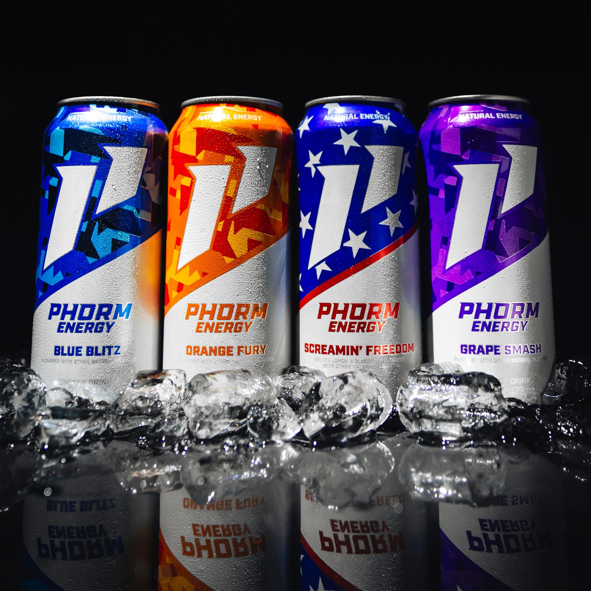 PHORM ENERGY Screamin’ Freedom 12-pack display for easy grab-and-go.