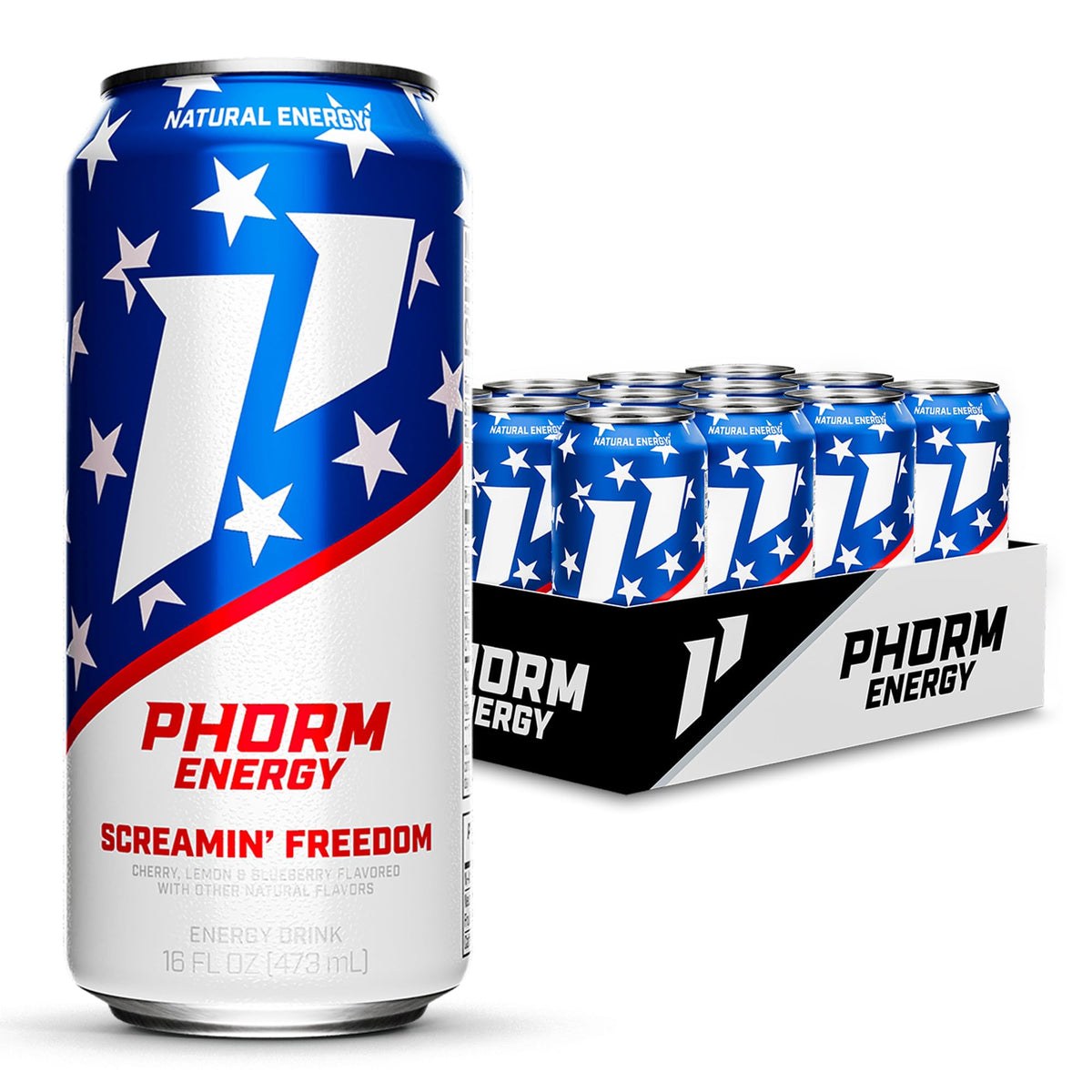 PHORM ENERGY Screamin’ Freedom Rocket Pop can for sugar-free, steady energy.