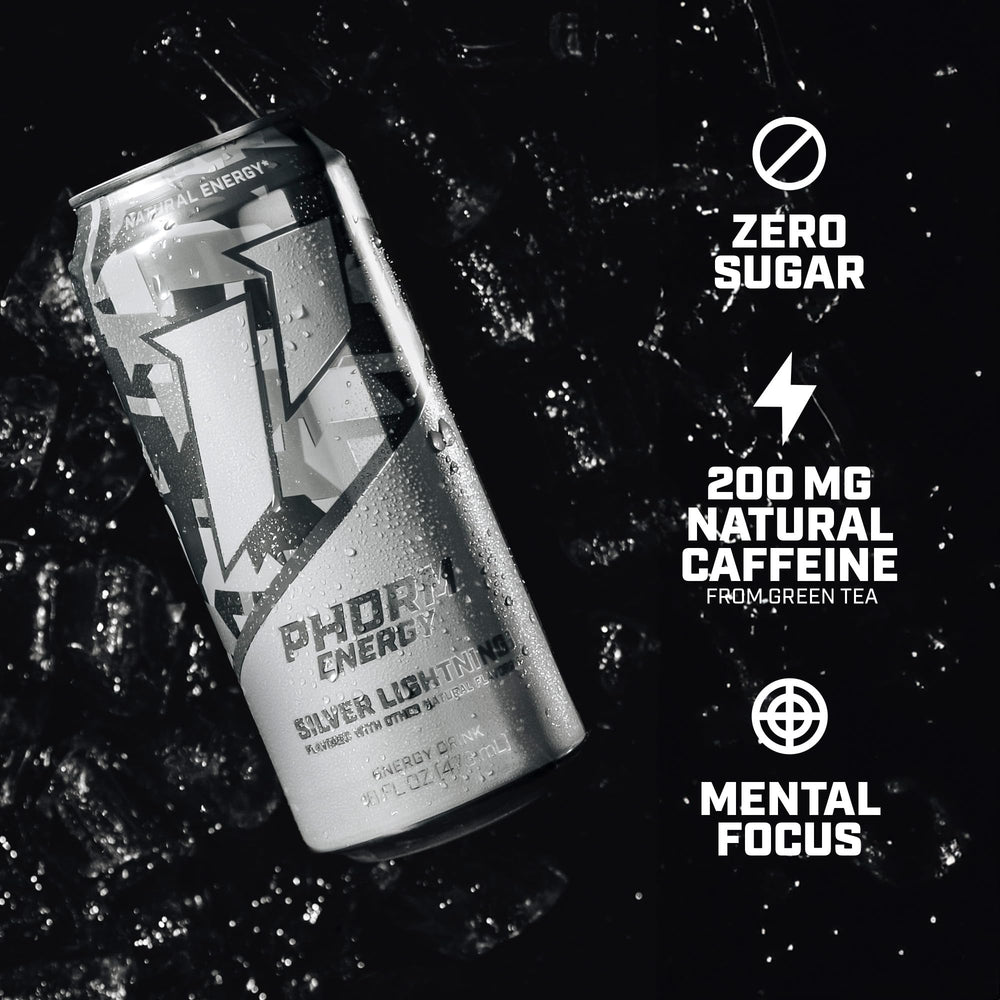 Phorm Energy Silver Lightning 12-pack on display, vegan and gluten-free.