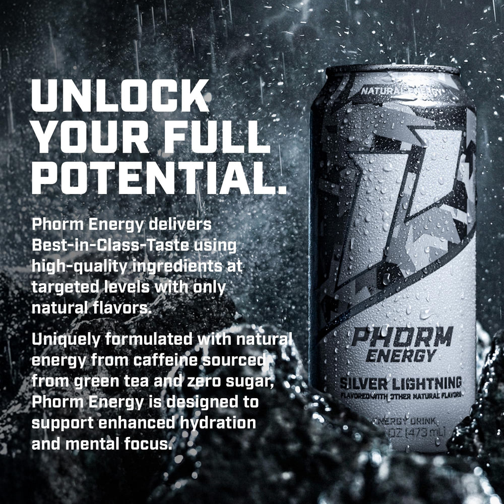Phorm Energy Silver Lightning bottle highlights electrolytes for hydration.