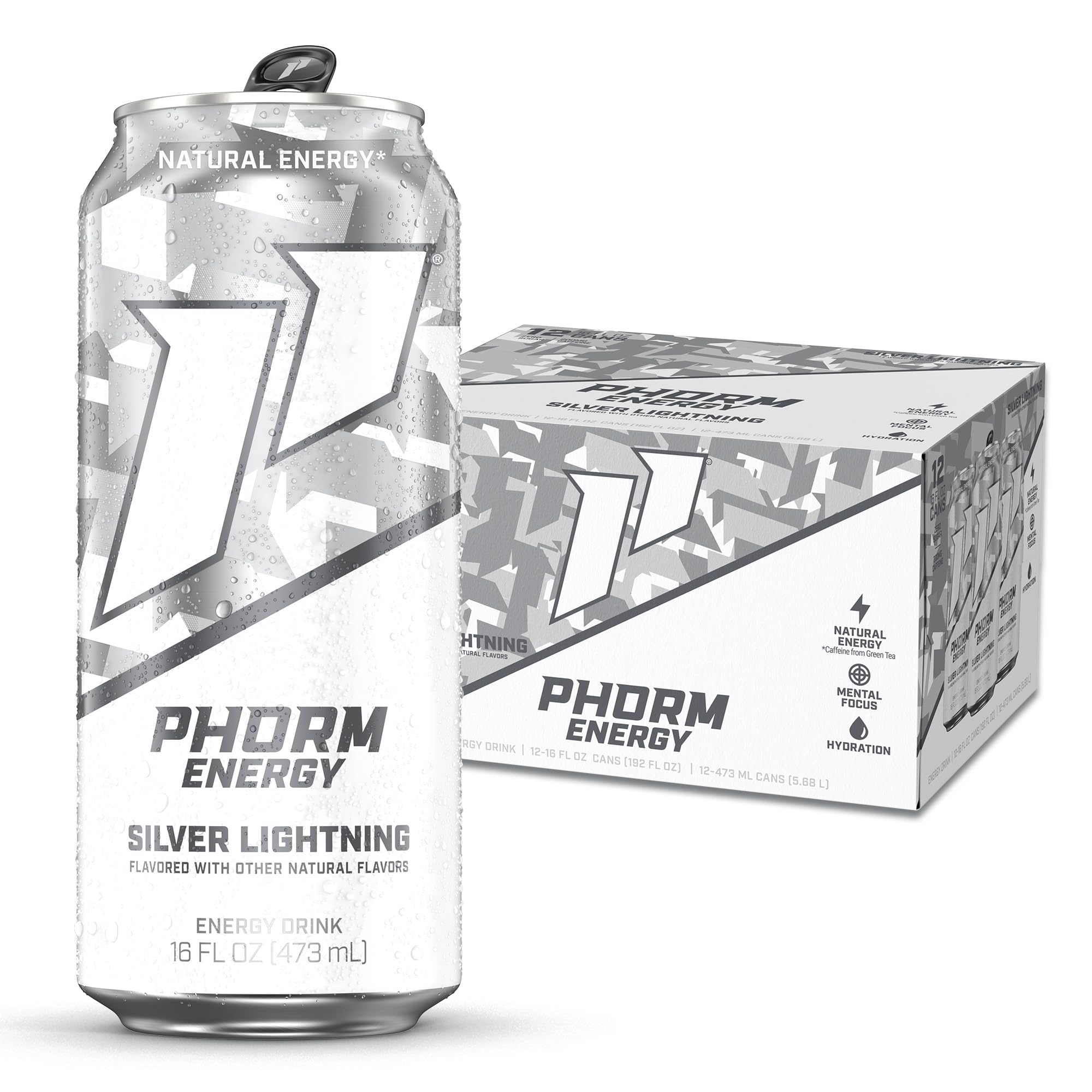 Phorm Energy Silver Lightning can front view with a crisp caffeine boost.