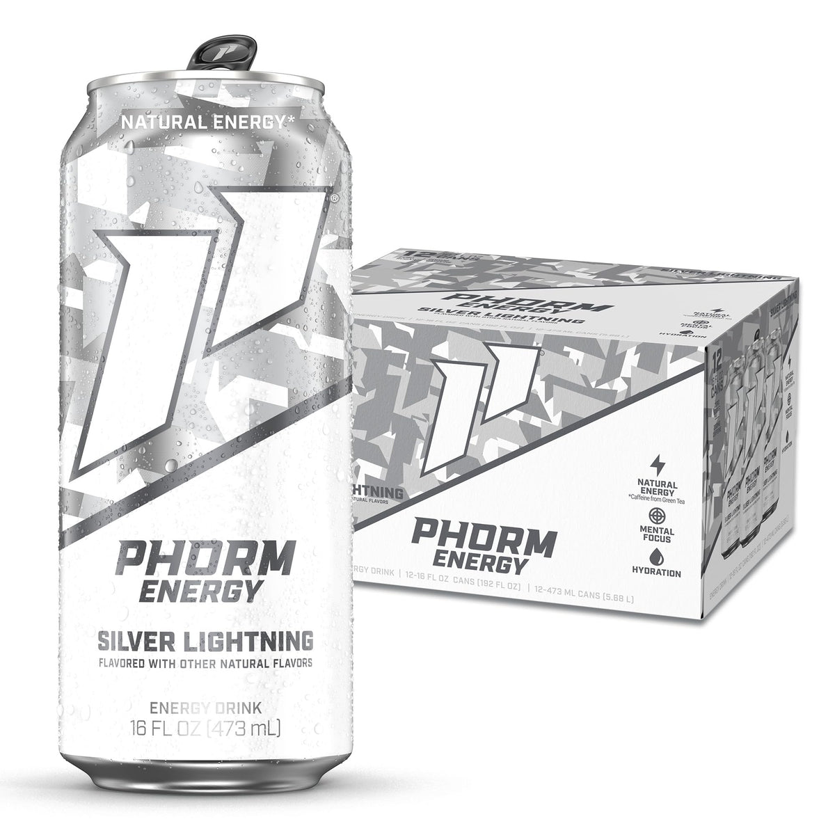 Phorm Energy Silver Lightning can front view with a crisp caffeine boost.