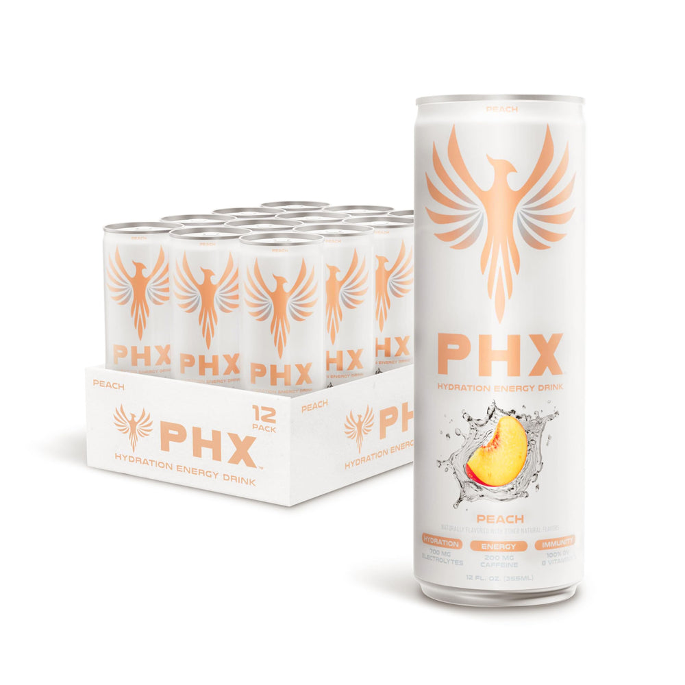 PHX Hydration Energy Drink peach can for on-the-go refreshment and steady energy