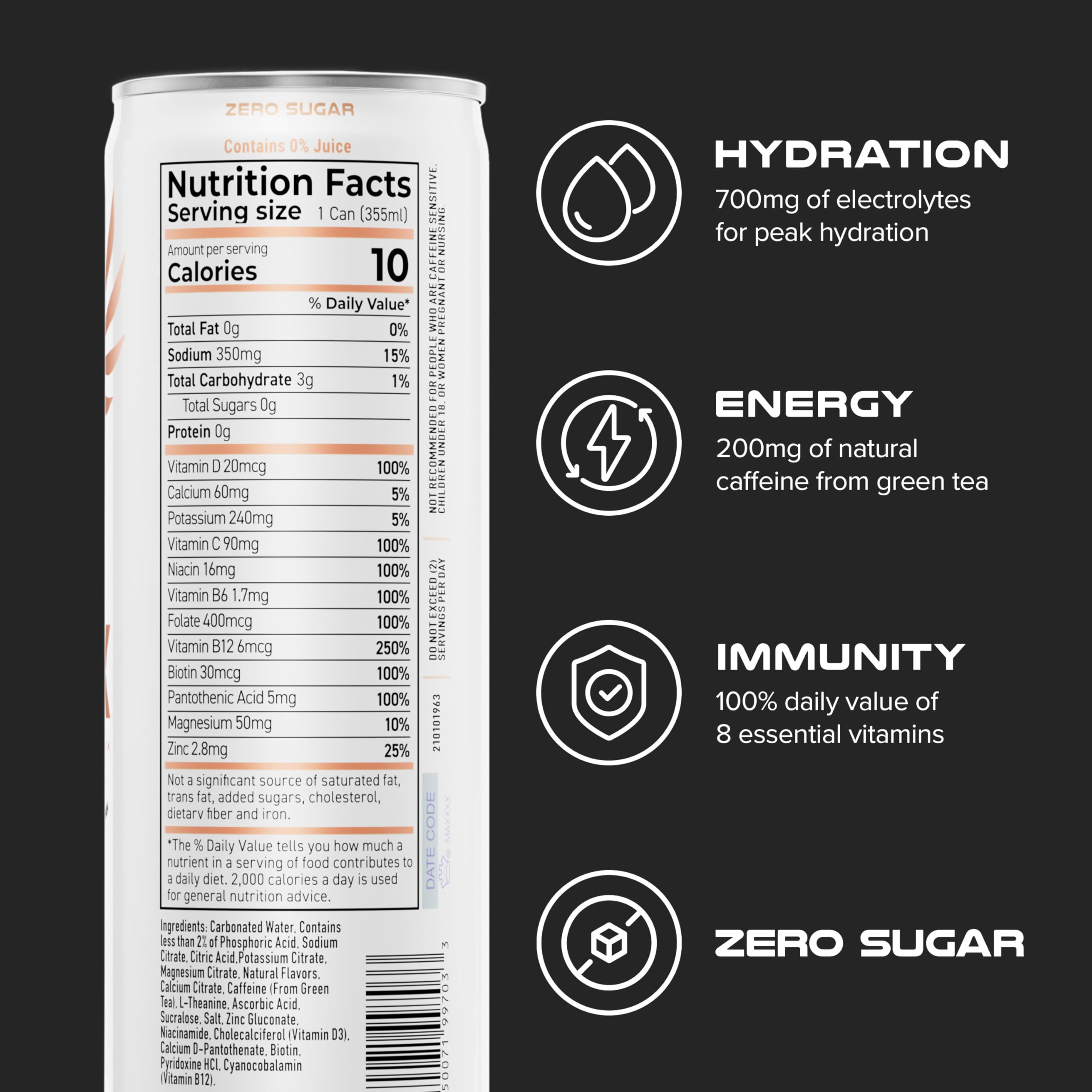PHX Hydration Energy Drink peach label highlights zero sugar and low calories
