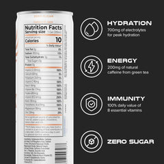 PHX Hydration Energy Drink peach label highlights zero sugar and low calories