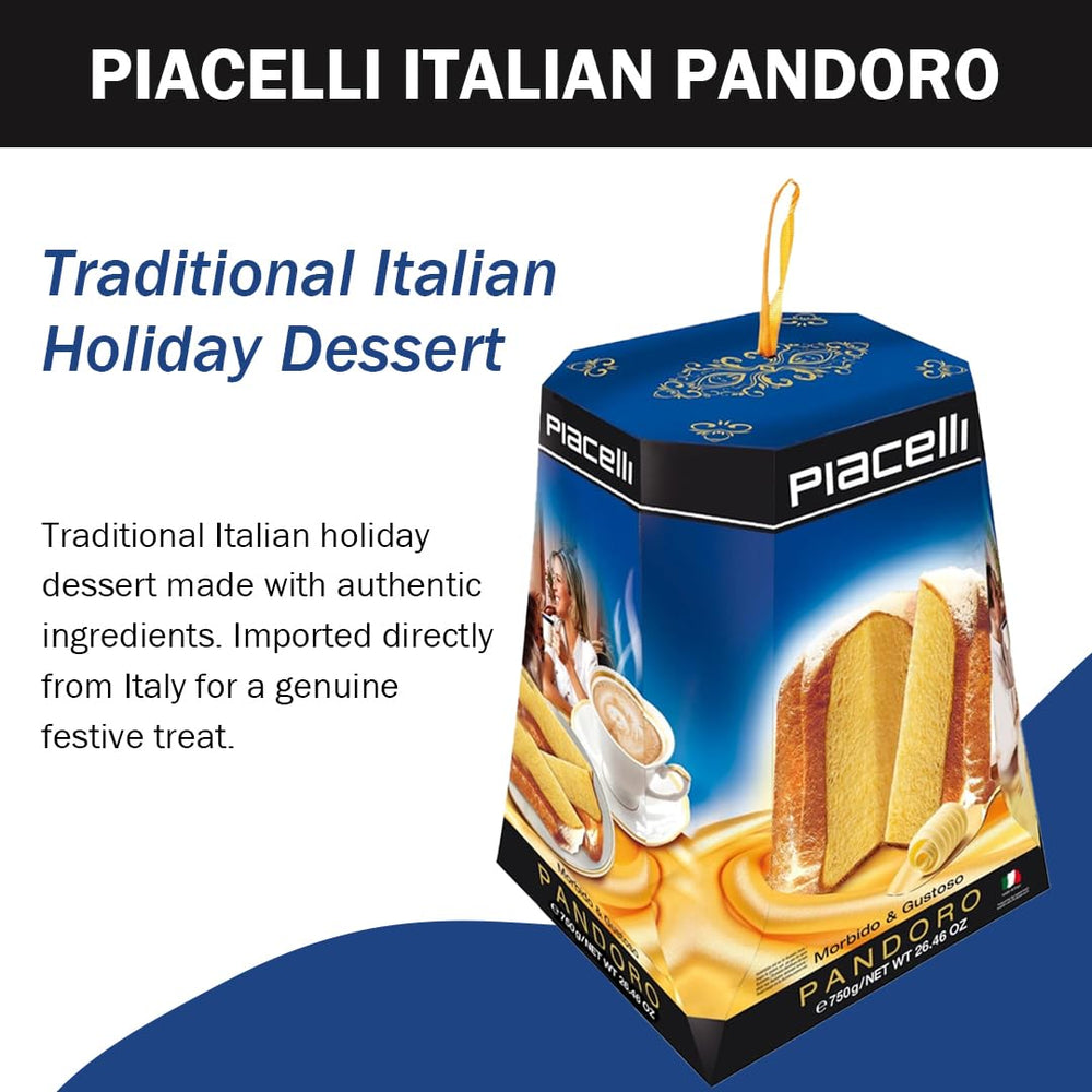 Piacelli Pandoro with golden crust and powdered sugar dusting.