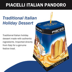 Piacelli Pandoro with golden crust and powdered sugar dusting.
