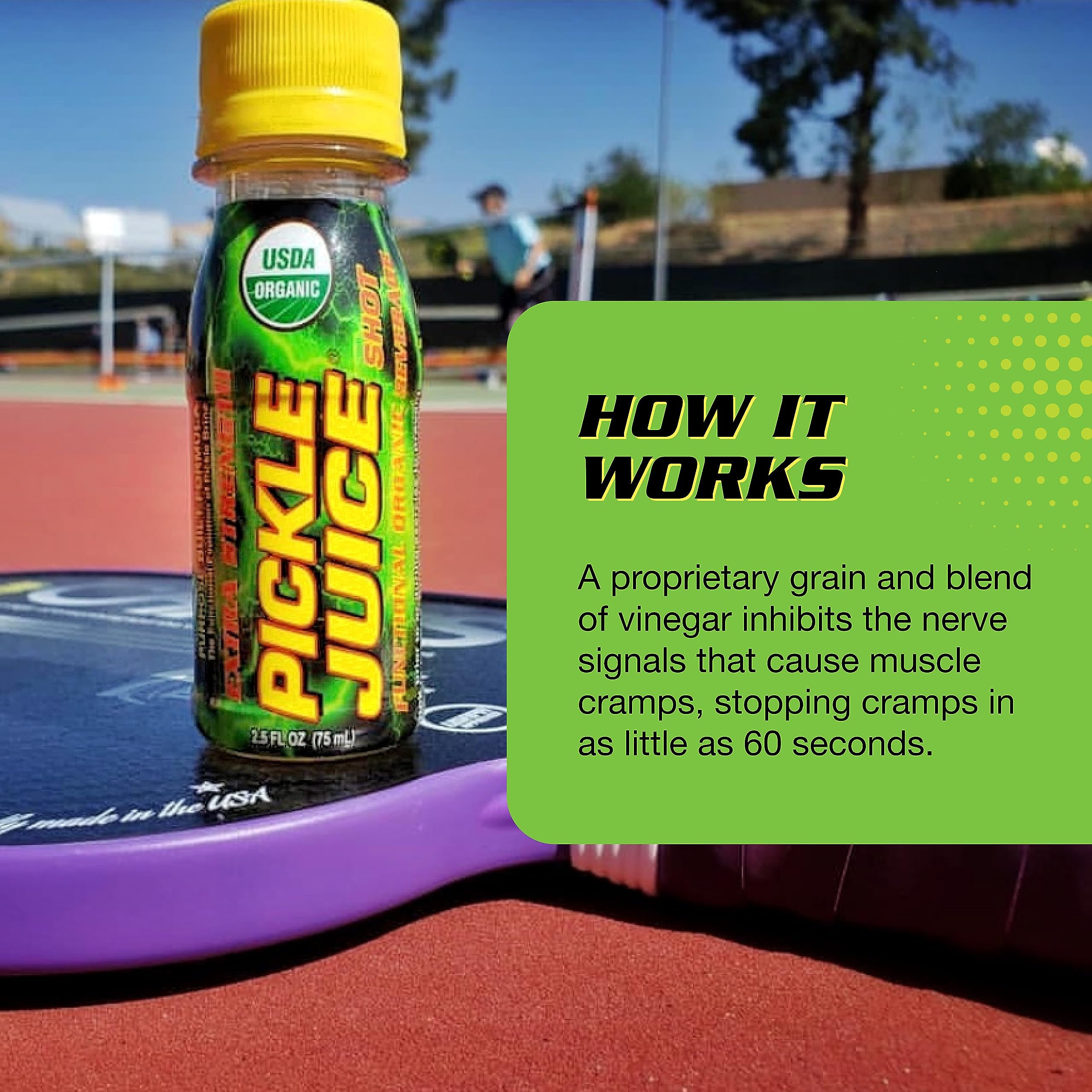 Box of Pickle Juice 24-pack on shelf ready for training season.
