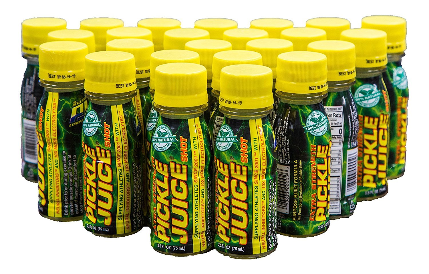Pickle Juice Extra Strength Shot pack shot highlighting convenient 24-pack