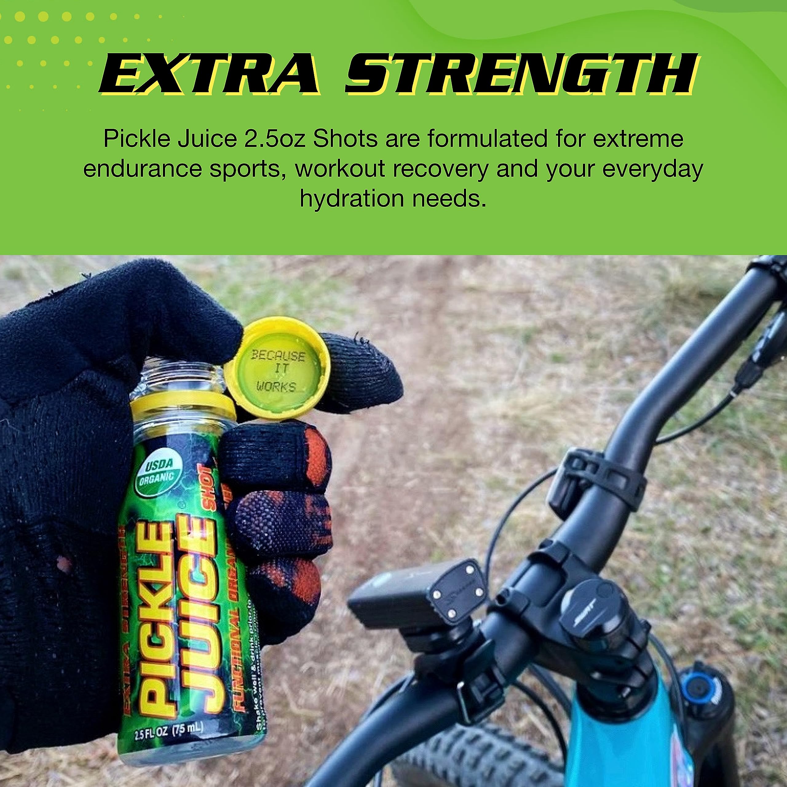 Night-time cramps relief with Pickle Juice Extra Strength shot by bedside.