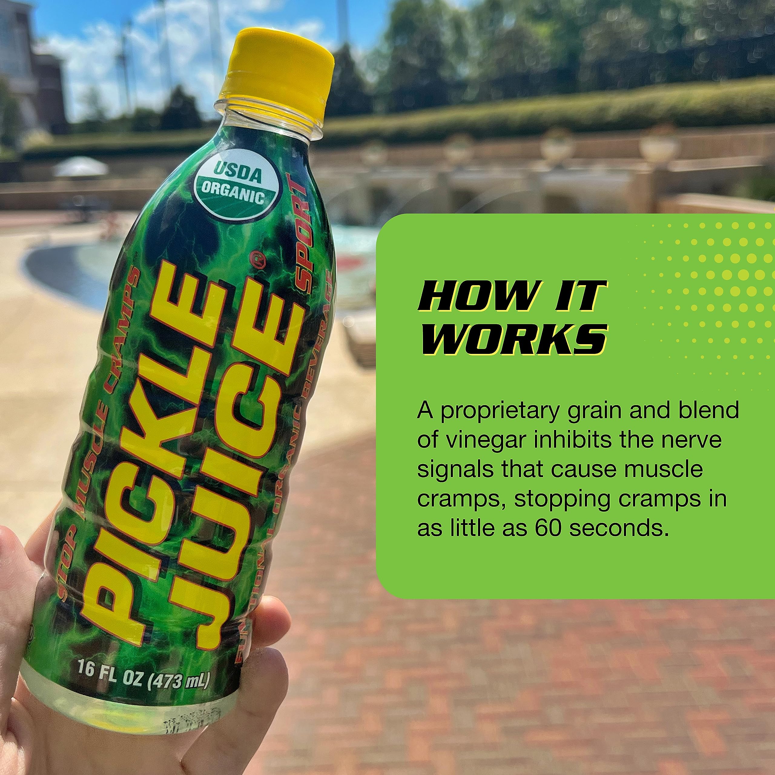 Pickle Juice Sports Drink shown in a 16 oz bottle for on-the-go hydration.
