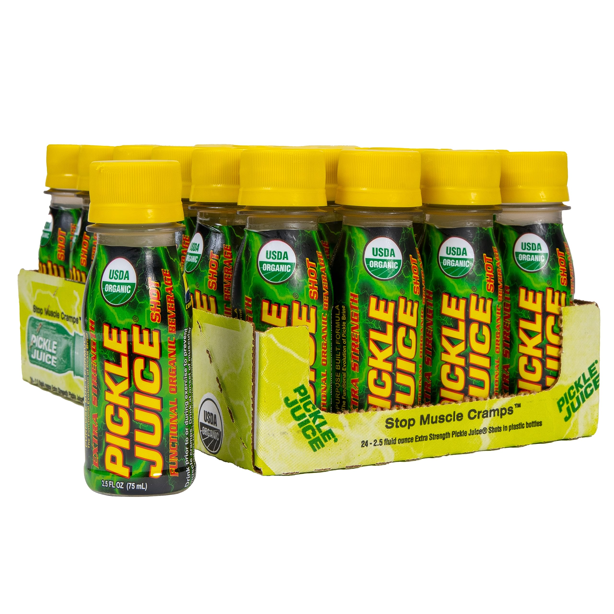 Pickle Juice Sports Shot bottle with label, signaling fast cramps relief on the go.