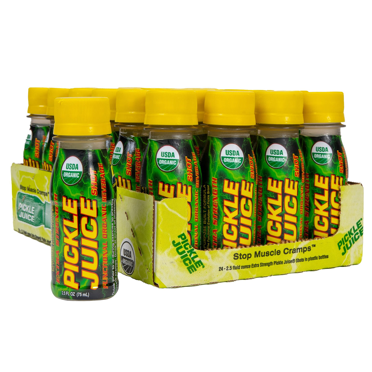 Pickle Juice Sports Shot bottle with label, signaling fast cramps relief on the go.