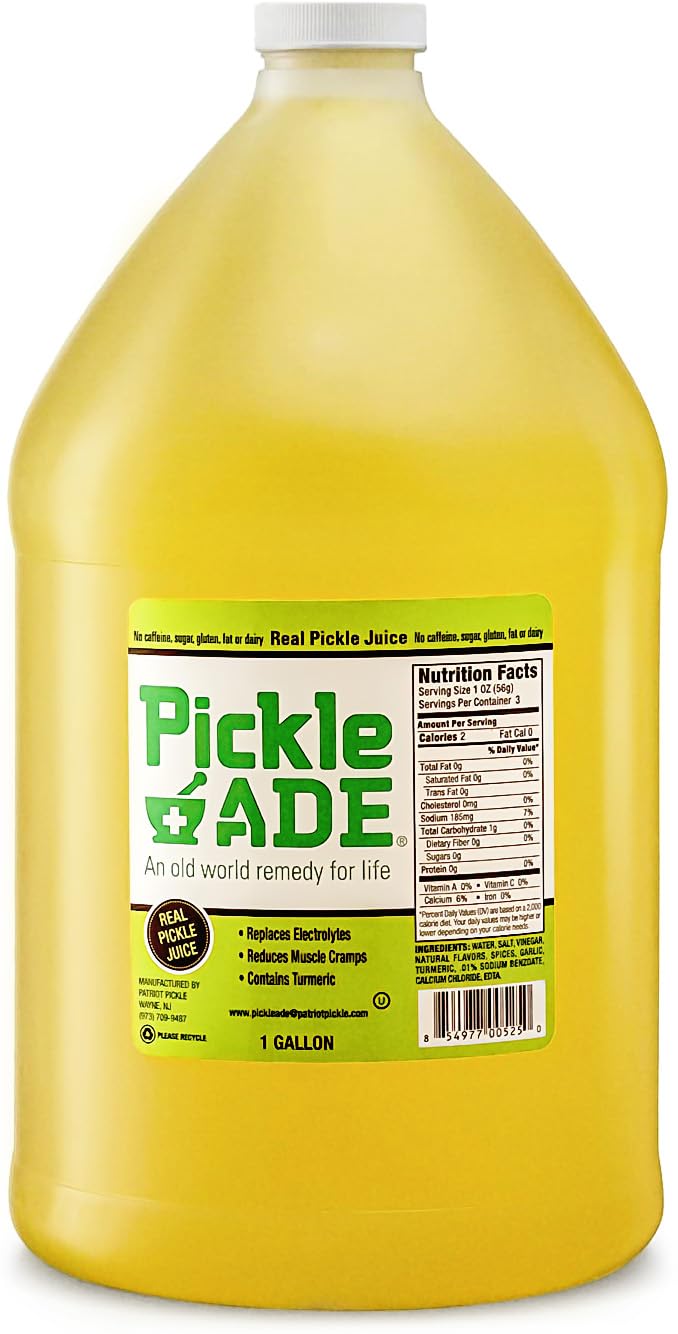 PickleAde Real Dill Pickle Juice Turmeric 1-gallon bottle on shelf for hydration and flavor.
