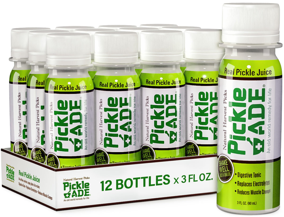 PickleAde real pickle juice shot with turmeric in a 3oz bottle for quick hydration.