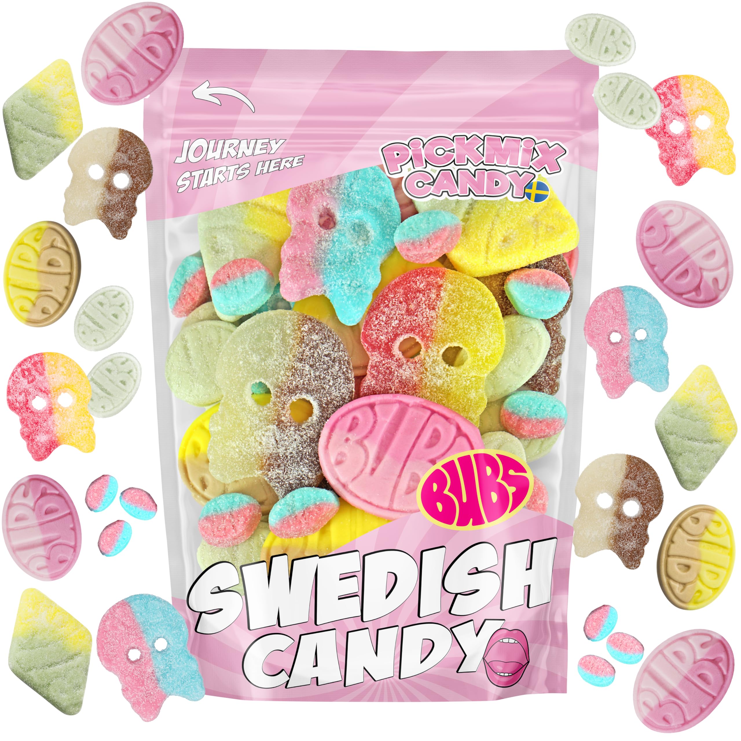 Pickmix Candy Sweden BUBS Mix 10oz pack featuring eight flavors for sharing.