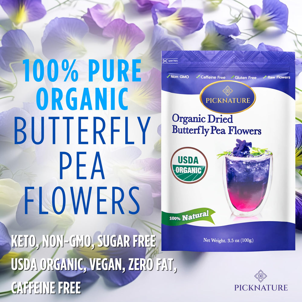 PickNature Butterfly Pea Tea brewed cup shows striking blue color