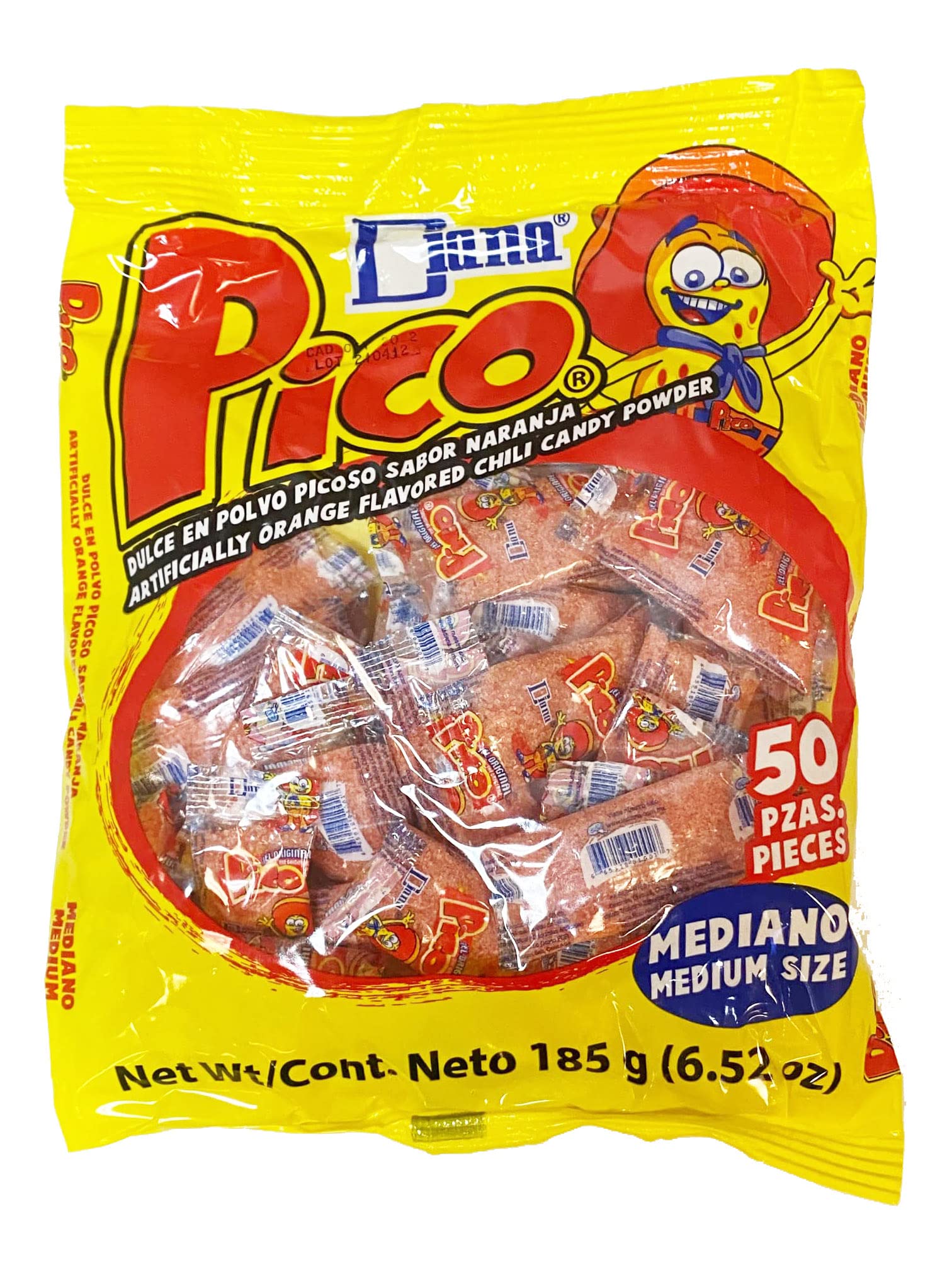Pico Diana Pico Mediano orange hot candy powder bag closeup, bold flavor potential.