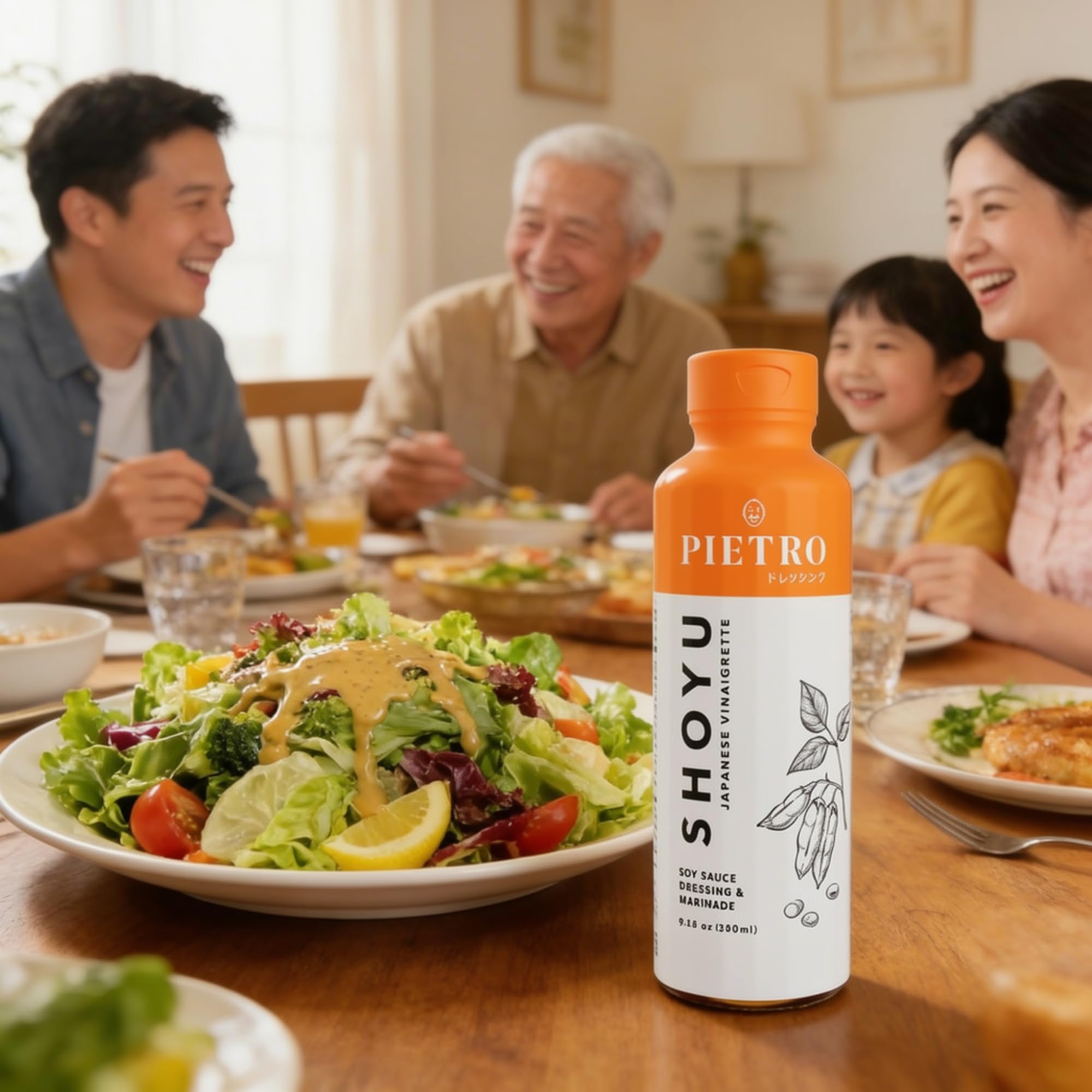 Pietro Dressing Original Shoyu close-up highlights gluten-free, no MSG formula.