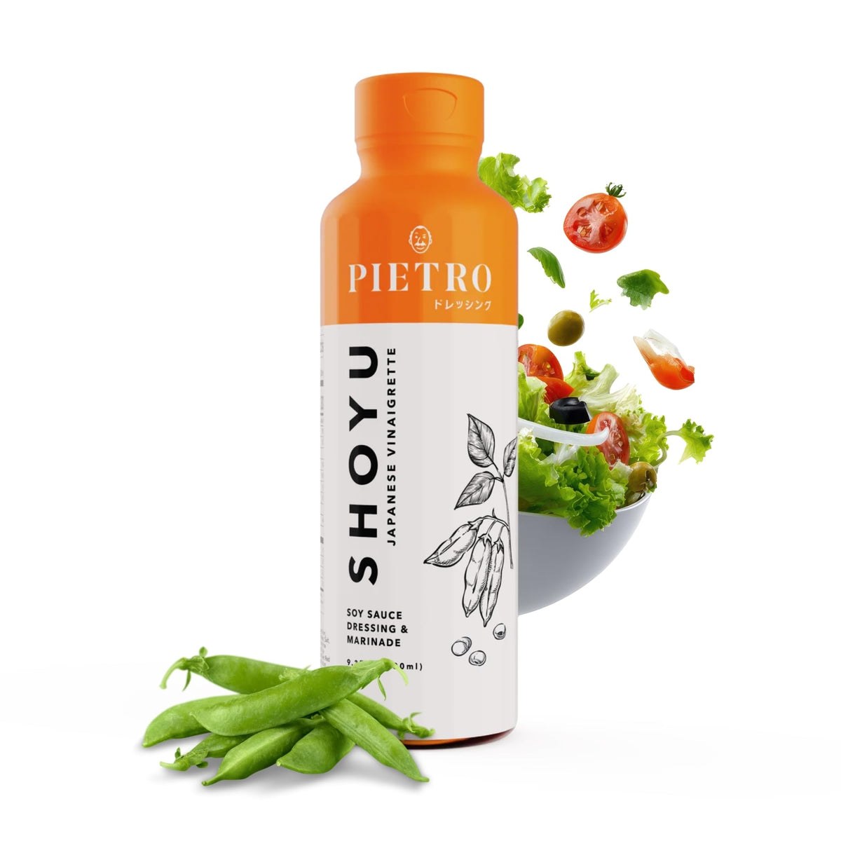 Pietro Dressing Original Shoyu bottle on counter boosts salads with savory umami.