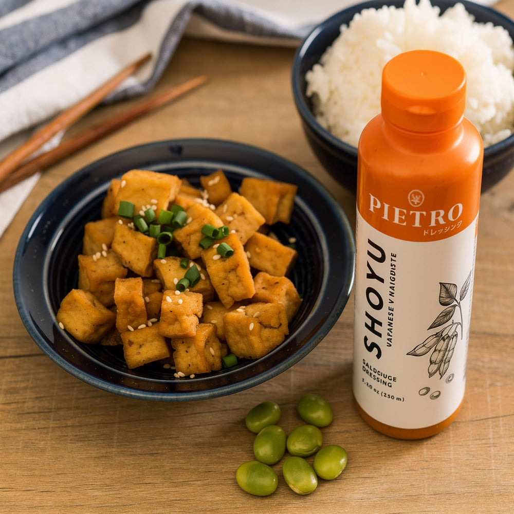 Pietro Dressing Original Shoyu over noodles serves as quick finishing glaze.