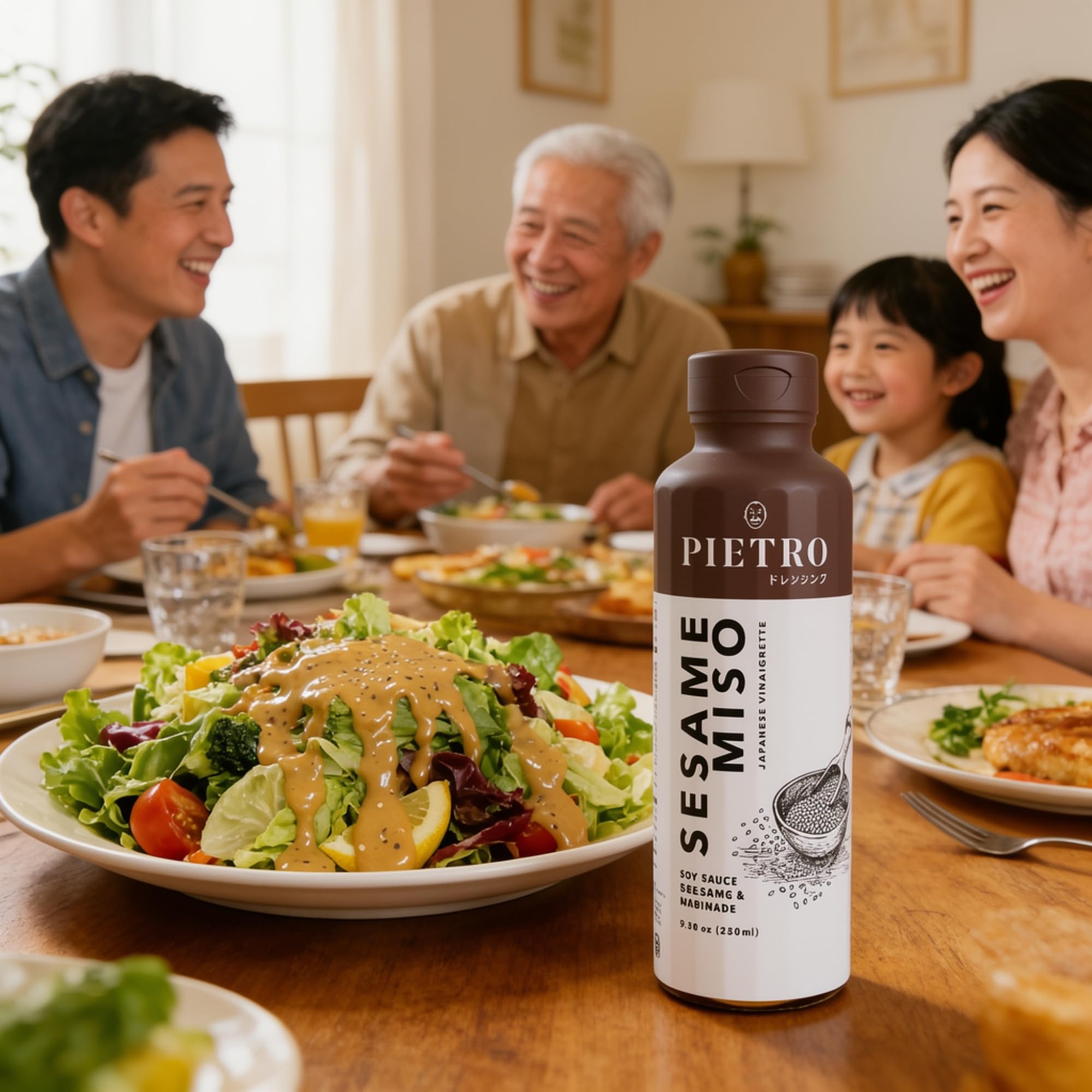 Pietro Sesame & Miso Dressing dipping-setup shows versatile glaze for meals.