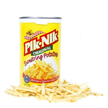 Pik-Nik Original Shoestring Potatoes in package highlights convenient three-pack.