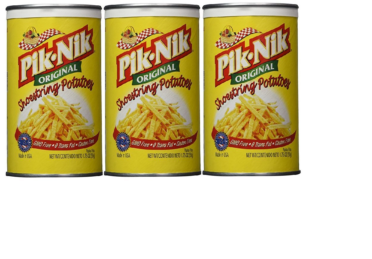 Pik-Nik Original Shoestring Potatoes pack 3 front view for on-the-go snacking.