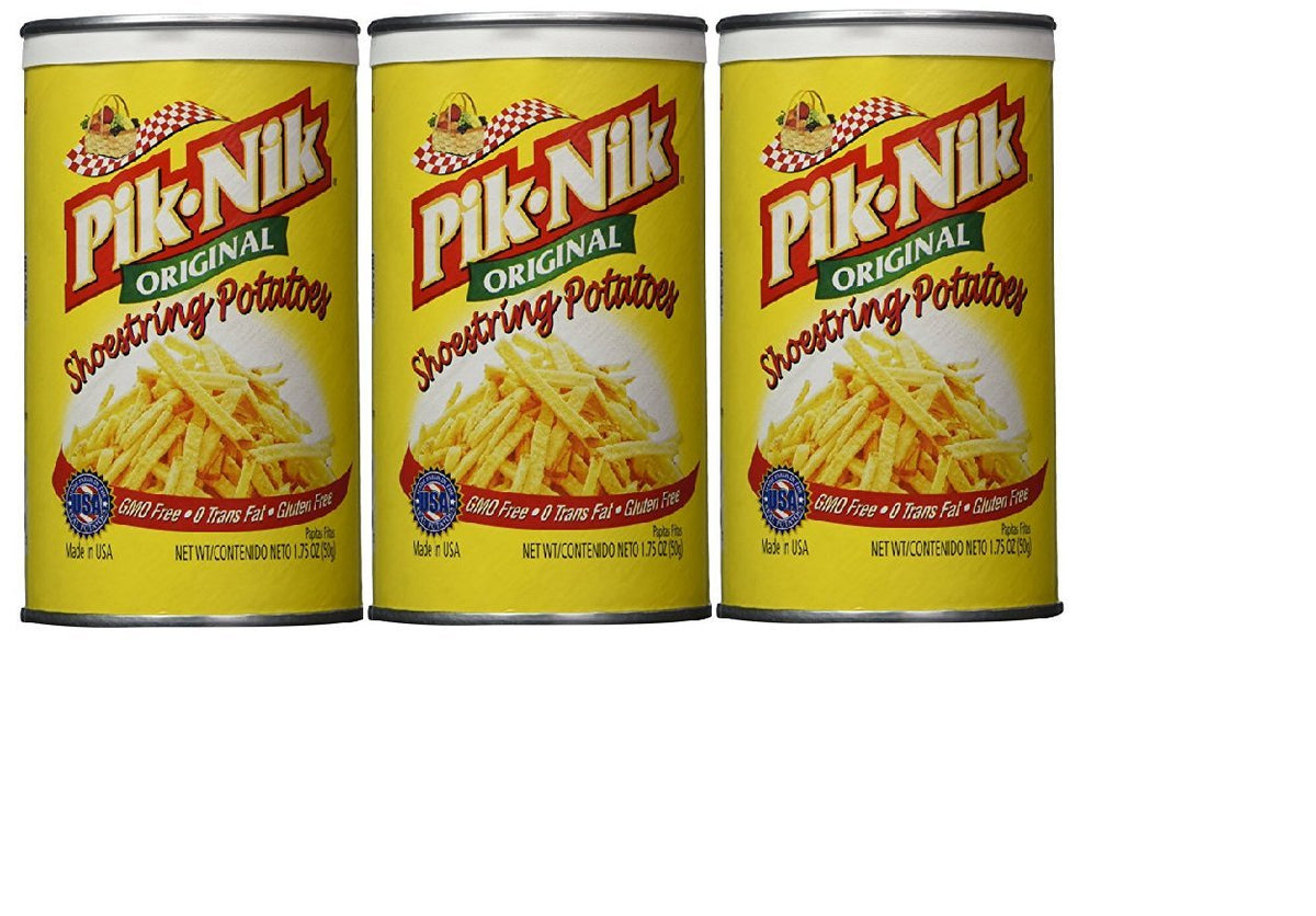 Pik-Nik Original Shoestring Potatoes pack 3 front view for on-the-go snacking.