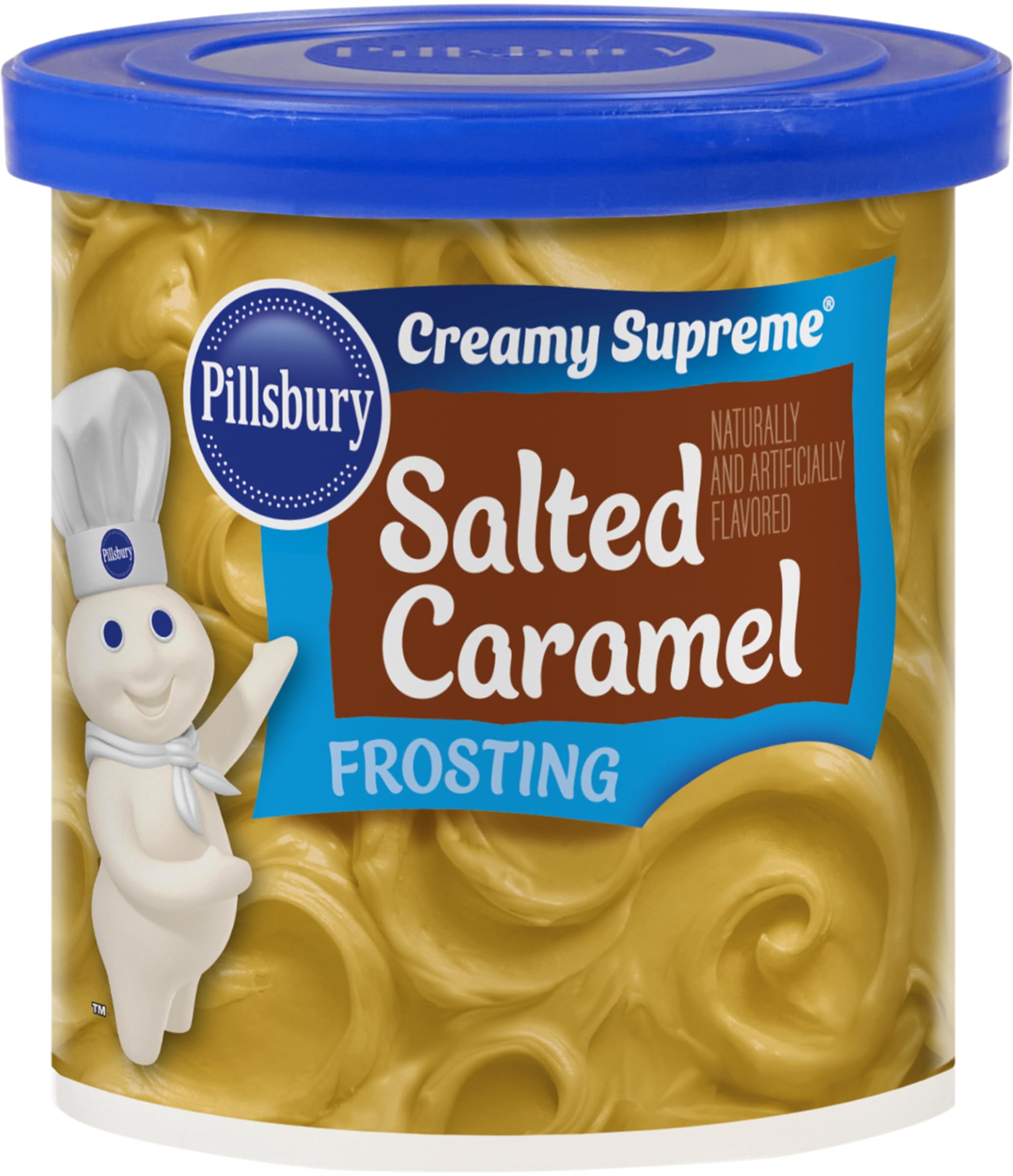 Pillsbury Creamy Supreme Salted Caramel Frosting tub front, gluten-free and kosher certified