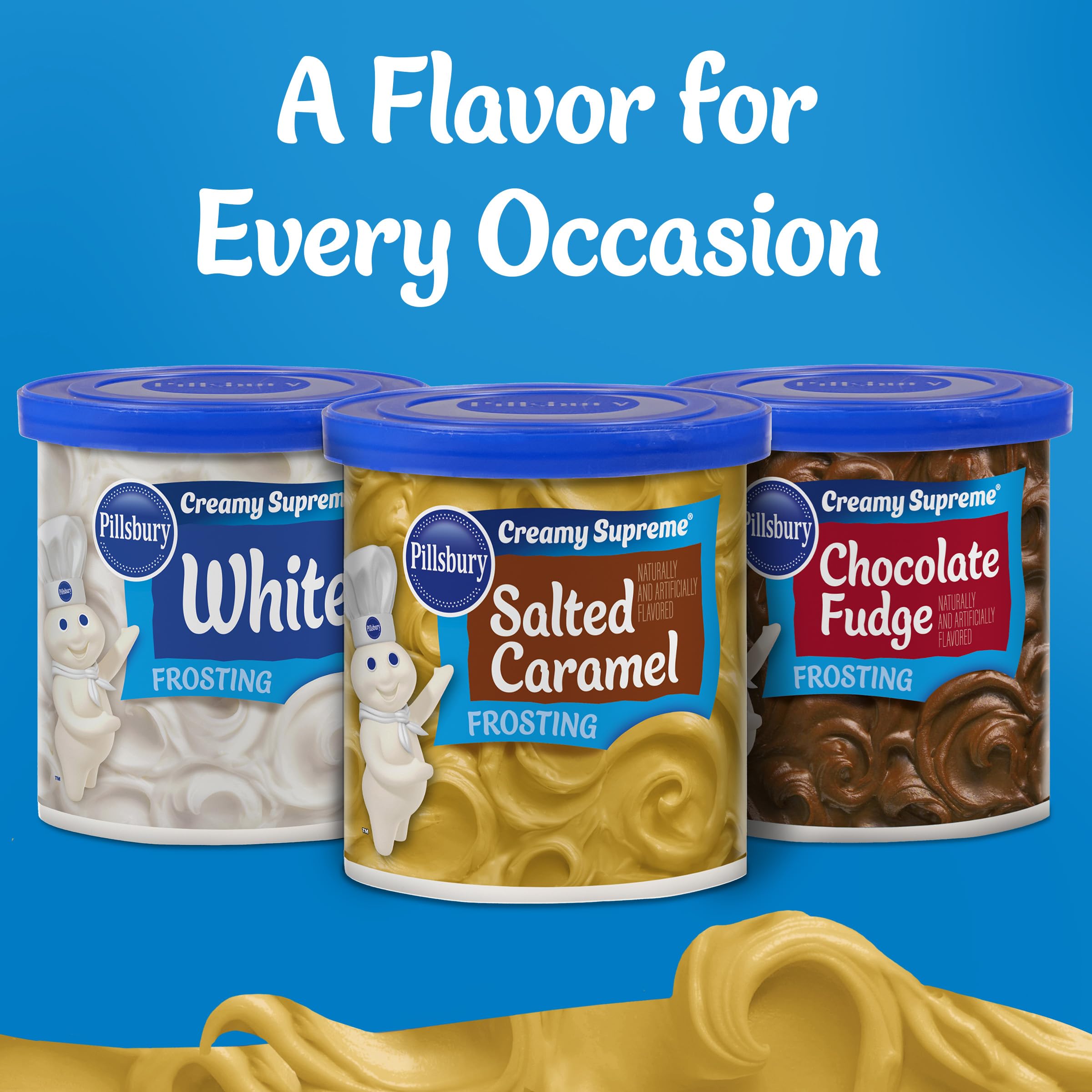 Pillsbury Creamy Supreme Salted Caramel Frosting poured over dessert for finishing touch