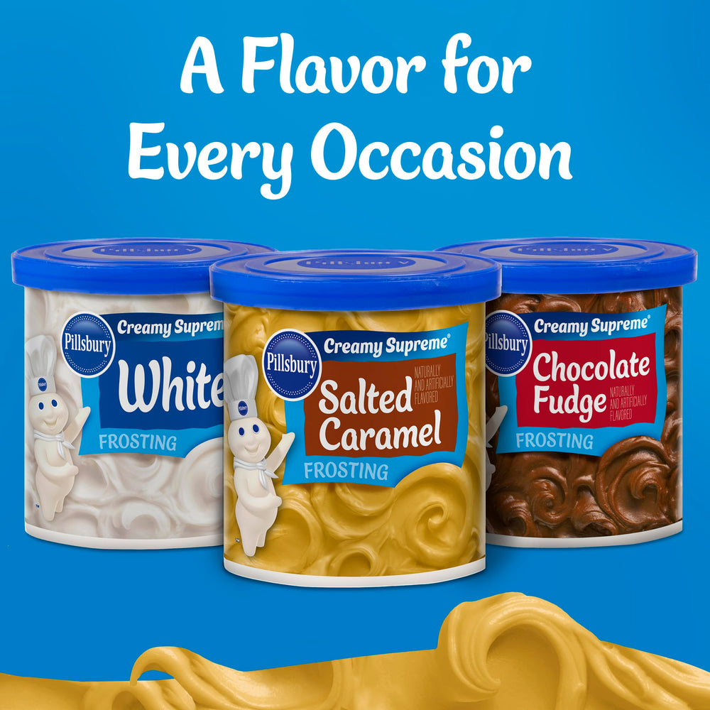 Pillsbury Creamy Supreme Salted Caramel Frosting poured over dessert for finishing touch