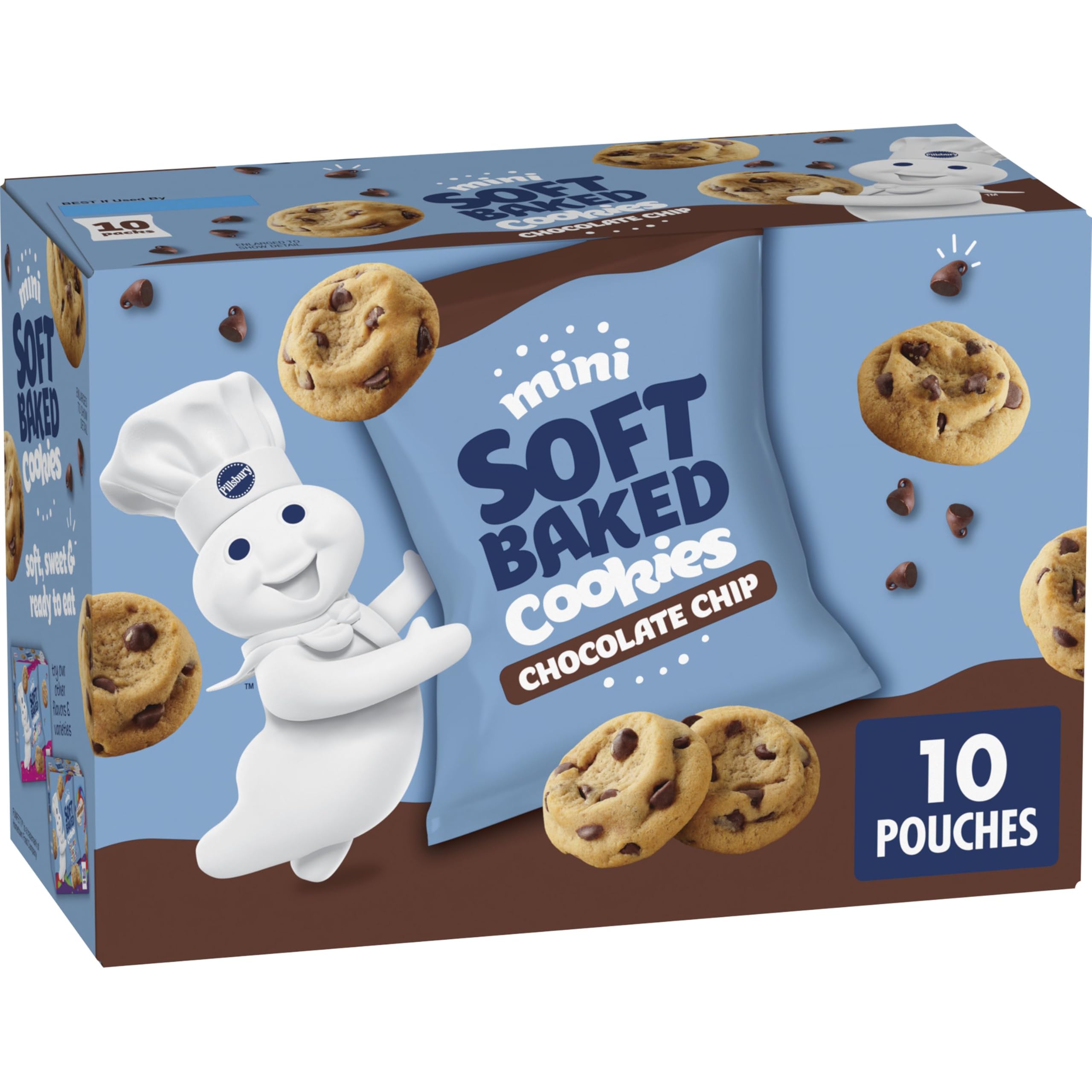 Pillsbury Mini Soft Baked Cookies chocolate chip front view, ready-to-eat snack