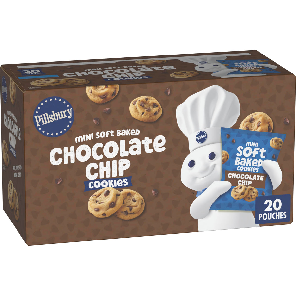 Pillsbury Soft Baked Mini Chocolate Chip Cookies package view for grab-and-go snacking benefits.