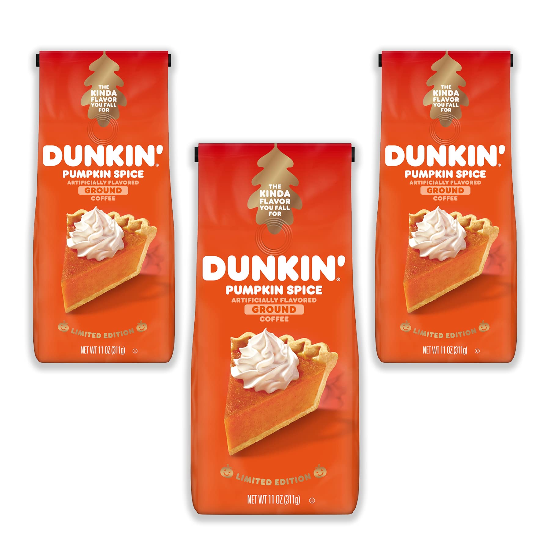 PILON Dunkin' Pumpkin Spice coffee three-pack on pantry shelf.