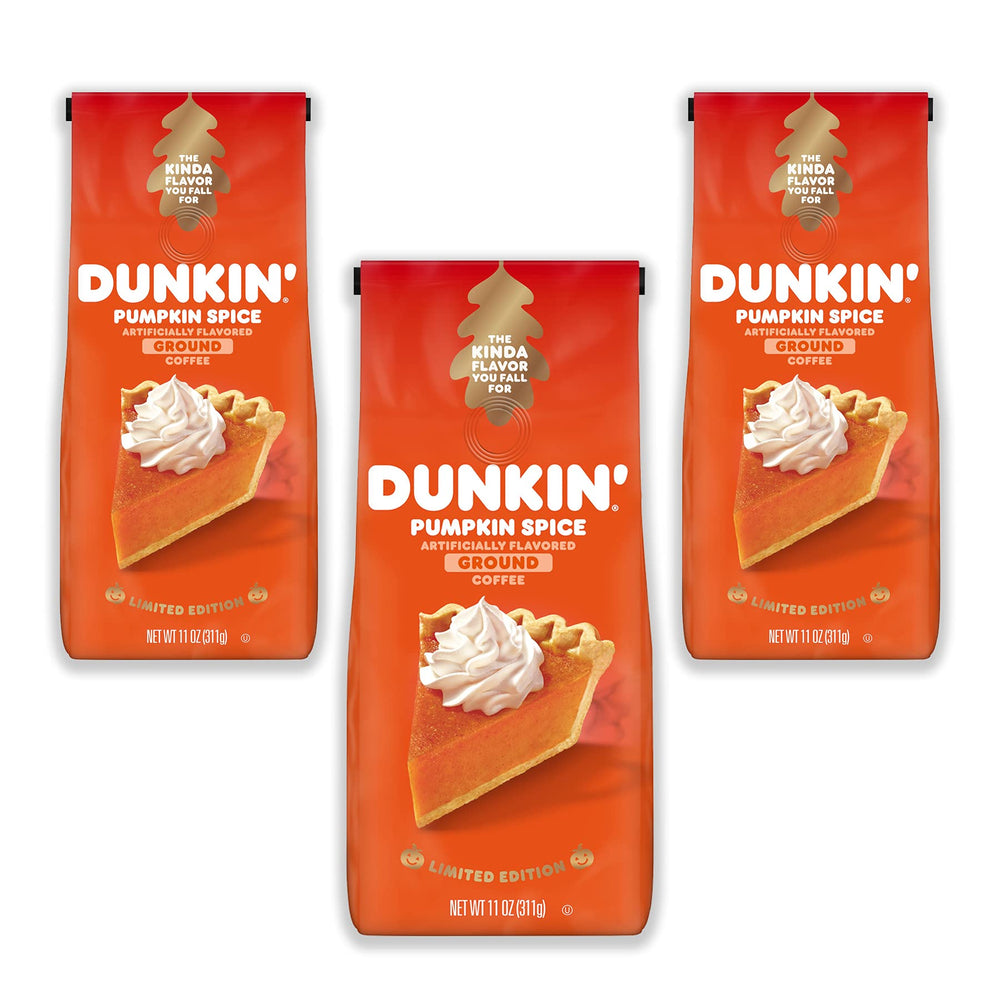 PILON Dunkin' Pumpkin Spice coffee three-pack on pantry shelf.