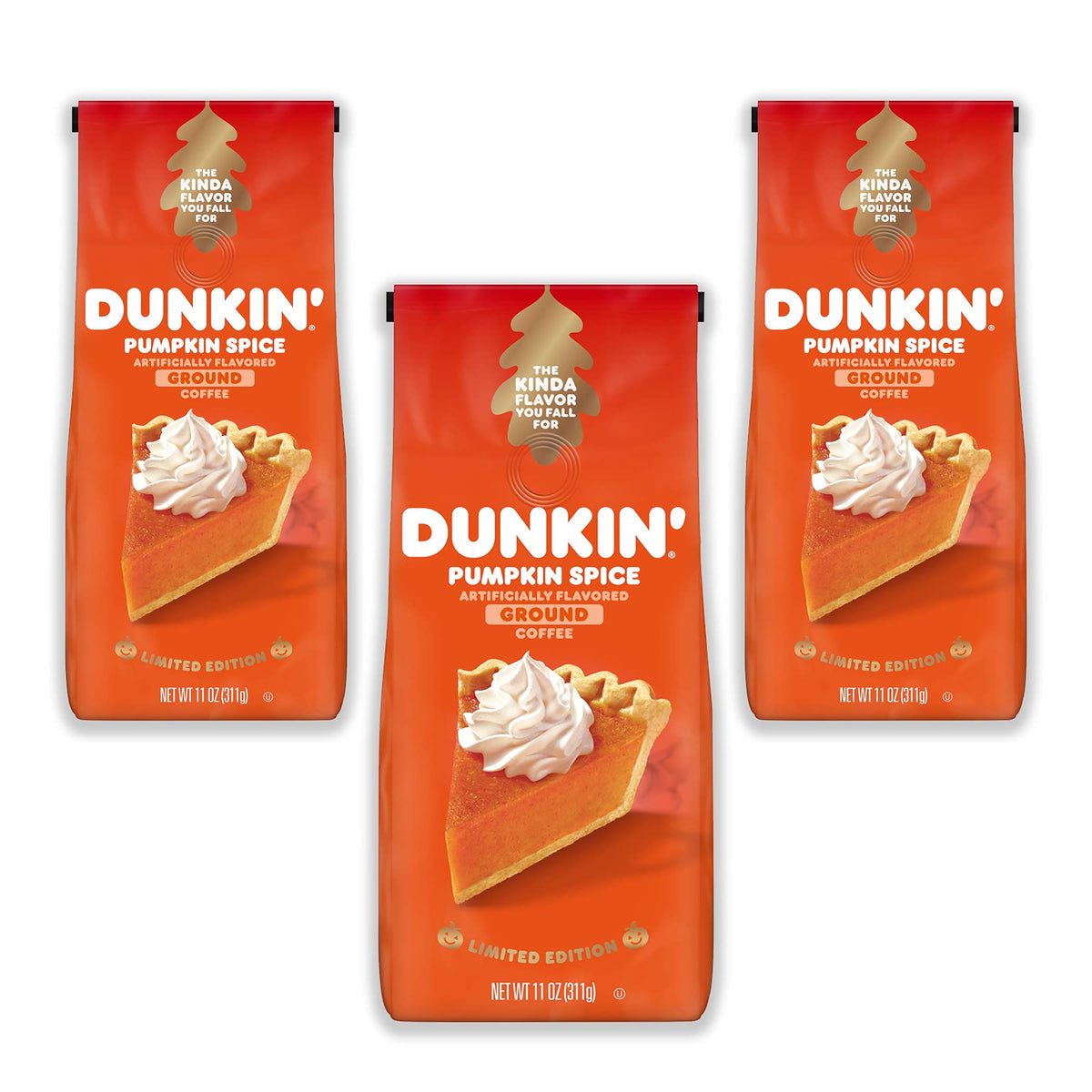 PILON Dunkin' Pumpkin Spice coffee three-pack on pantry shelf.