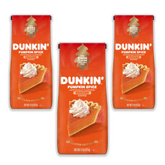 PILON Dunkin' Pumpkin Spice coffee three-pack on pantry shelf.