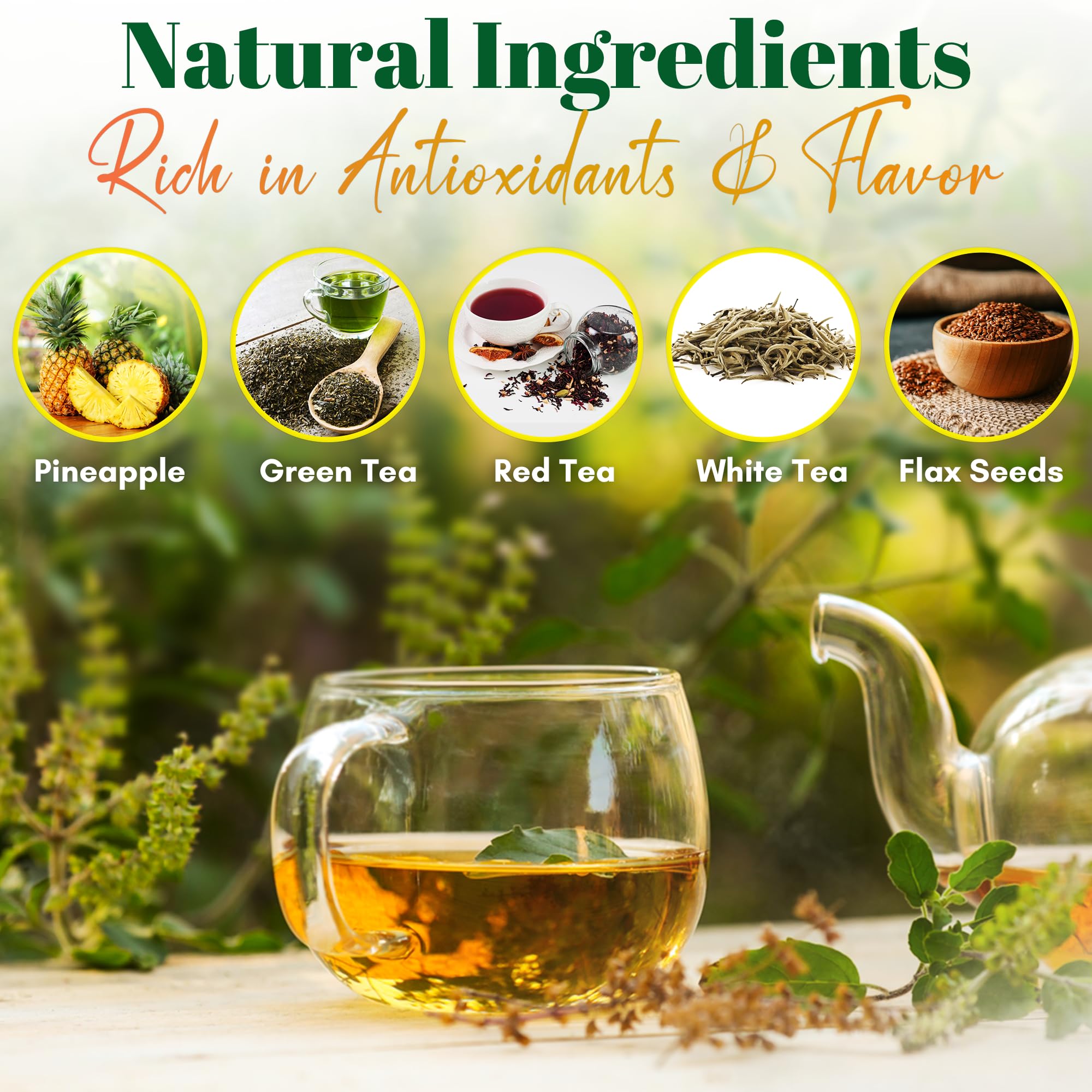 Pinalim Tea ingredients: flax seed and assorted teas.