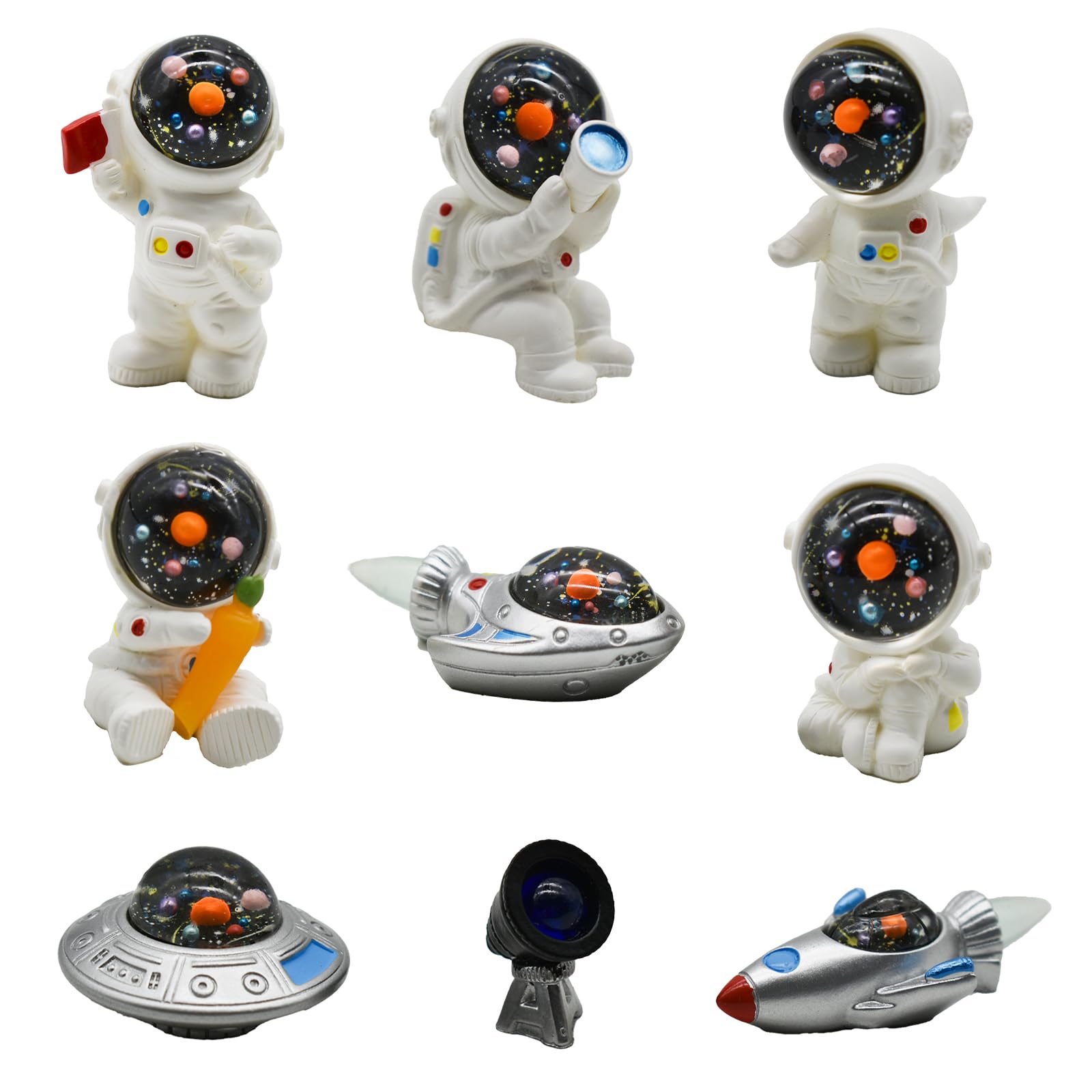 Pinenjoy 9pcs astronauts figures for DIY dioramas and cake toppers.