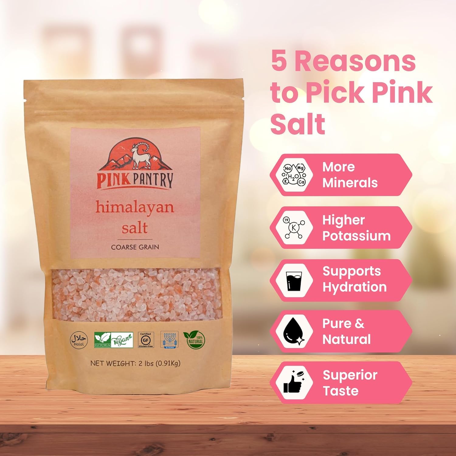 Pink Pantry salt crystals for a relaxing bath and soothing aroma.