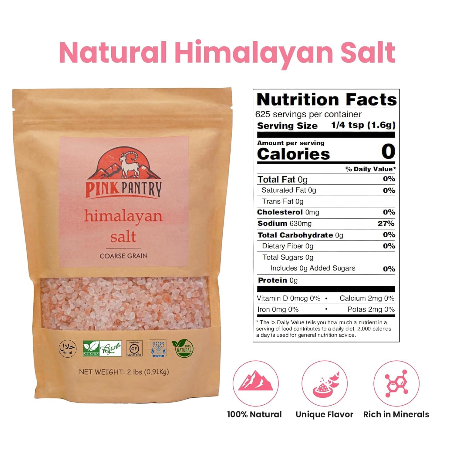 Pink Pantry Himalayan salt for meat rubs, delivering robust mineral flavor.