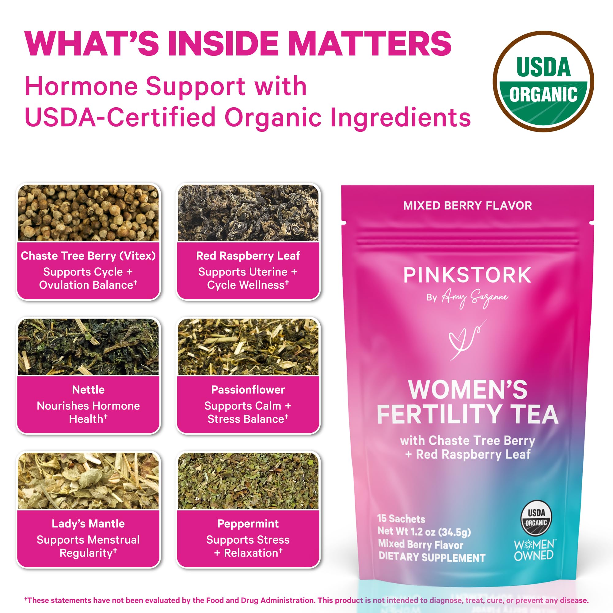 Pink Stork Fertility Tea offers a caffeine-free evening ritual.