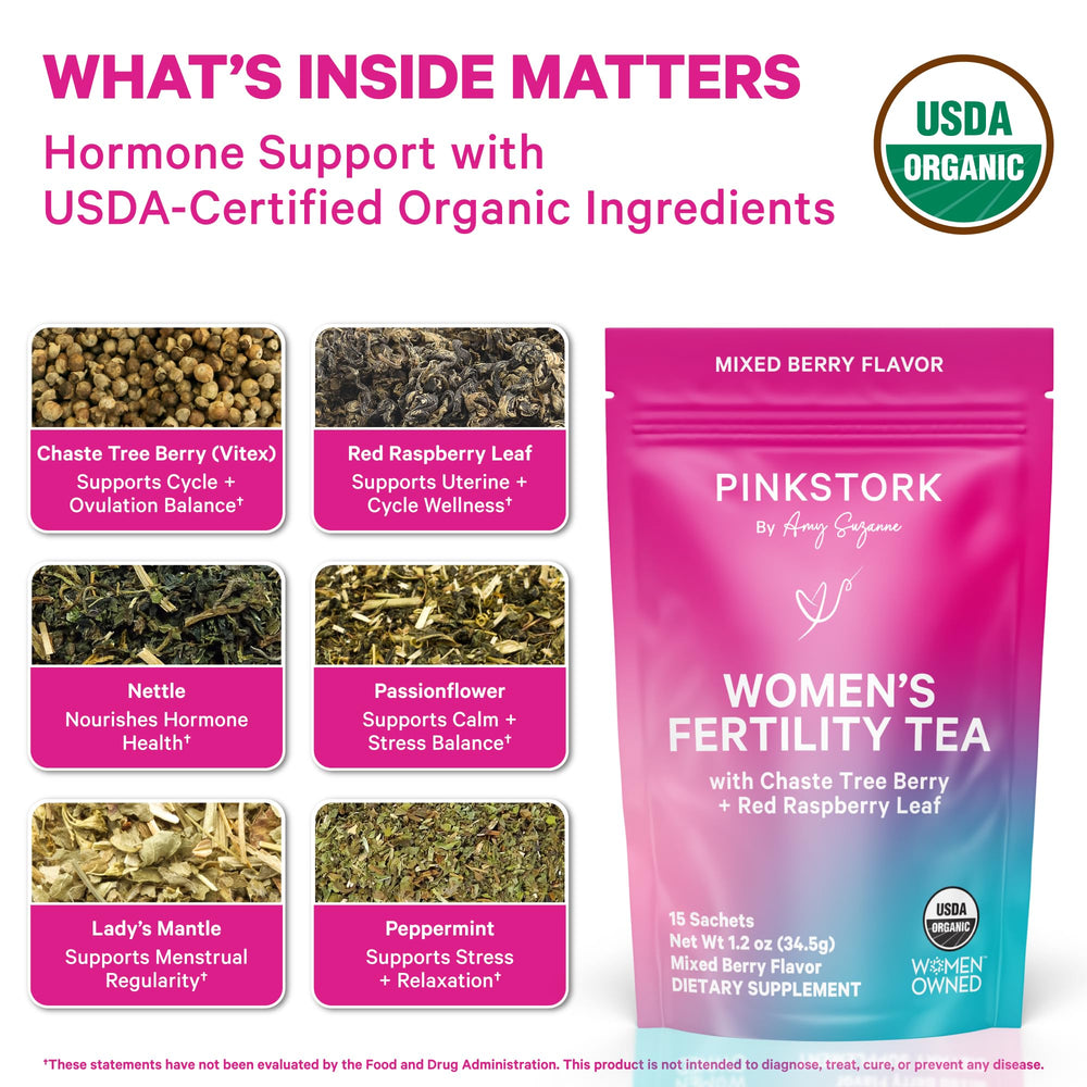 Pink Stork Fertility Tea offers a caffeine-free evening ritual.