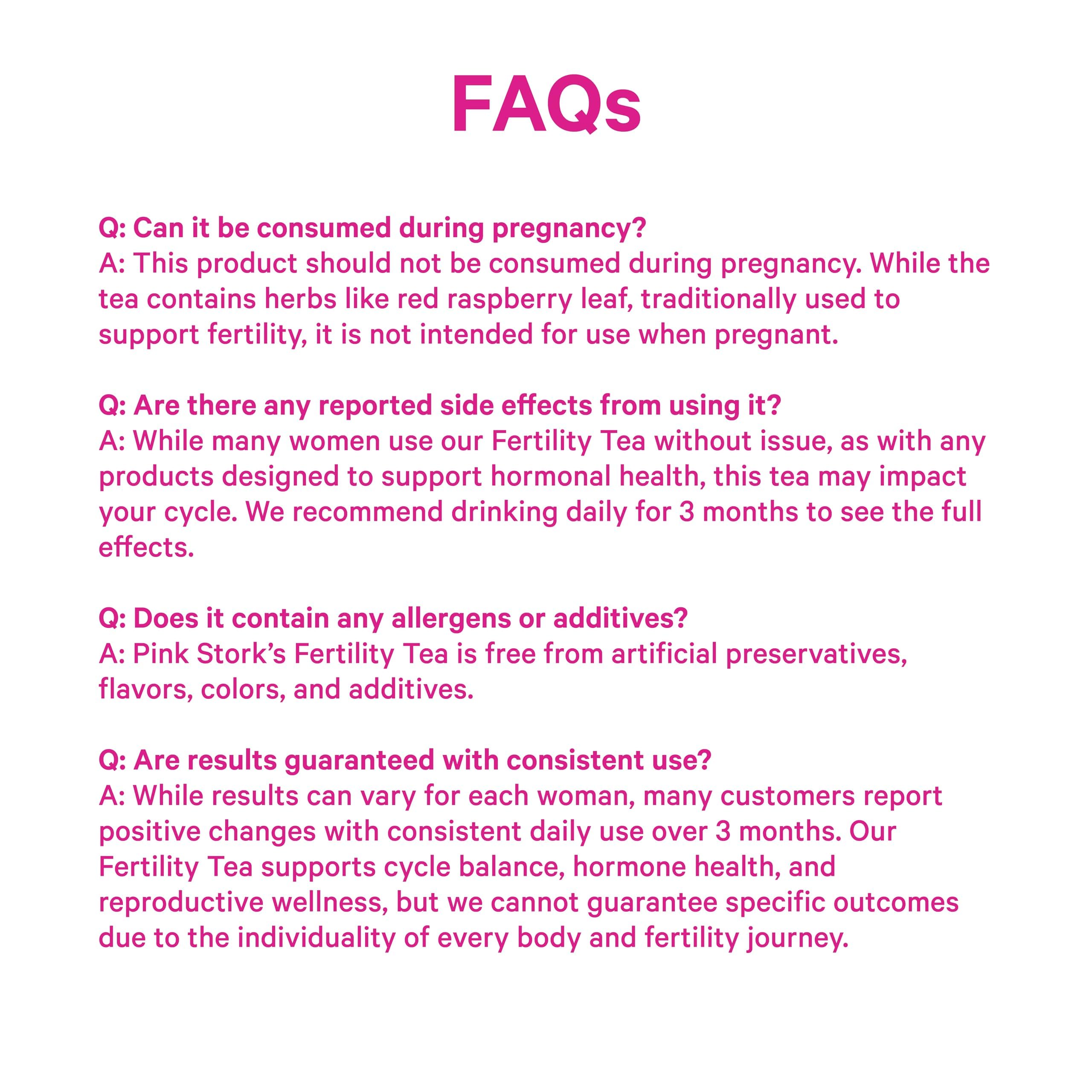 Pink Stork Fertility Tea label highlights organic herbs and caffeine-free use.